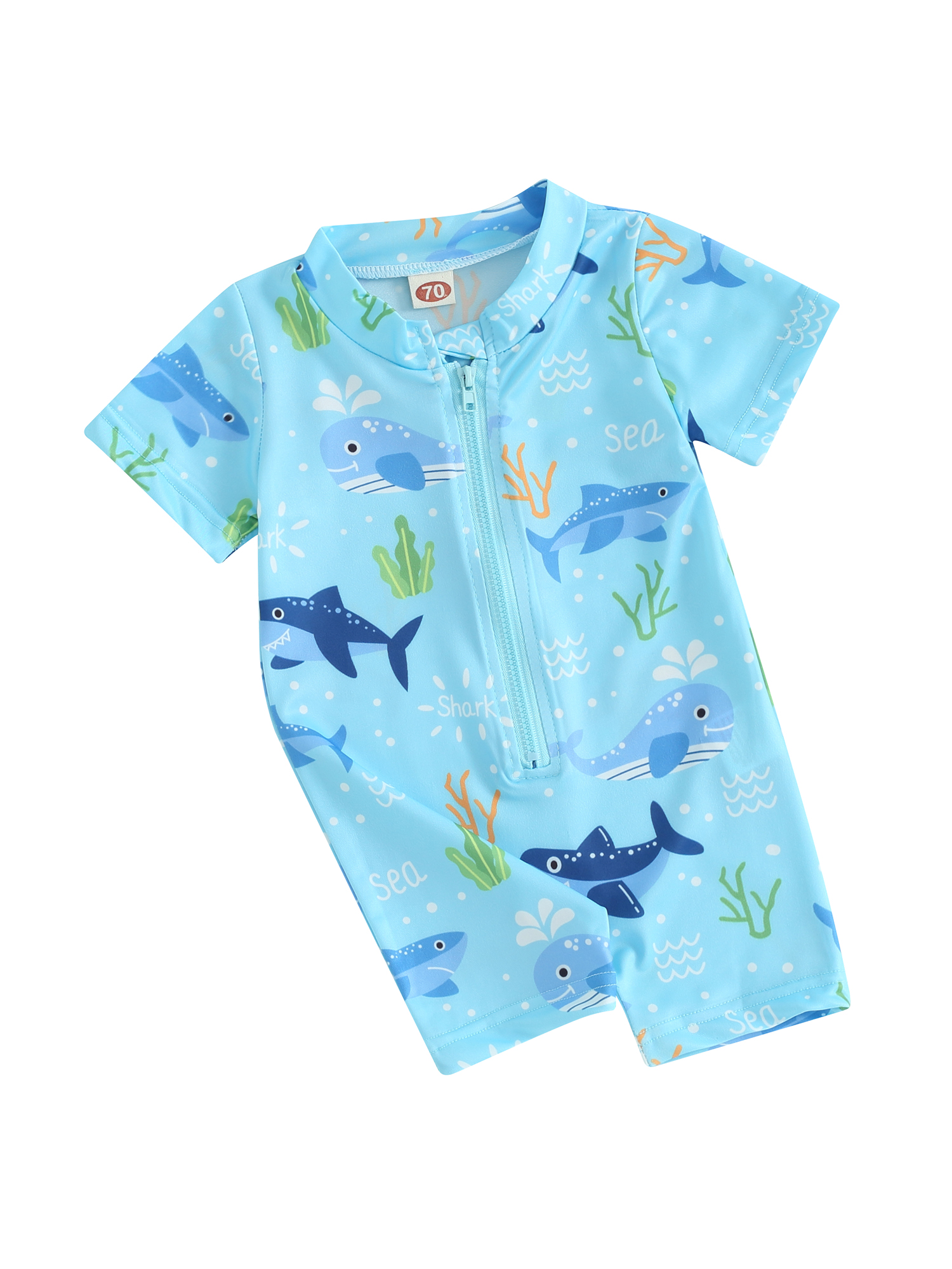 FEORJGP Toddler Baby Boy One-Piece Swimsuit 3M 6M 1T 2T 3T Infant Rash Guard Swimwear Cute Print Short Sleeve Jumpsuit Crew Neck Romper Zip Front Bathing Suit Beachwear
